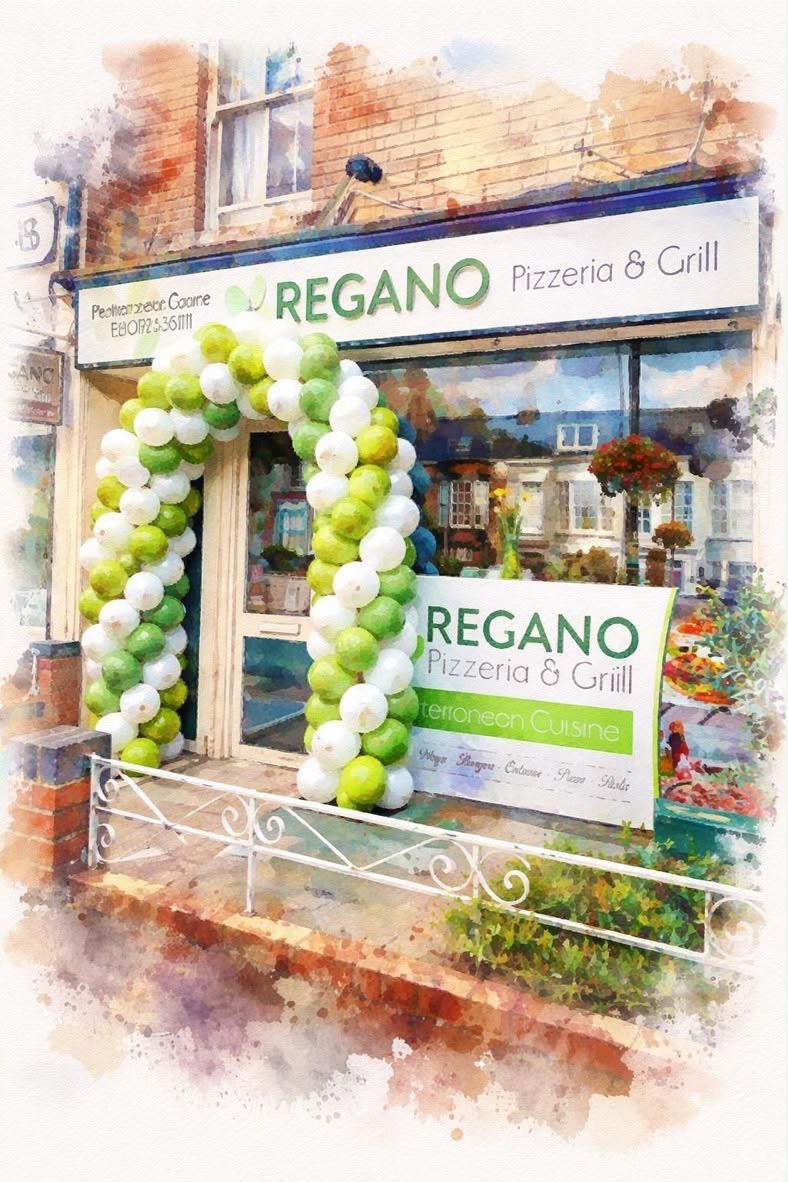 Regano Pizzeria & Grill shopfront on Falsgrave Road, Scarborough, with a green and white balloon arch over the door